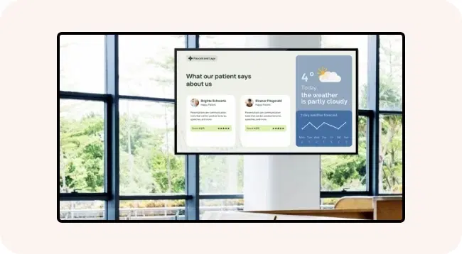 A digital signage screen showing patient testimonials A digital signage screen showing patient testimonials