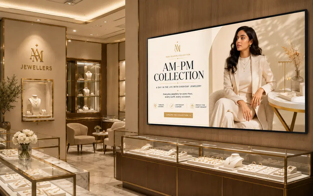Jewellery store digital screen displaying high-resolution product showcase content managed by Pickcel