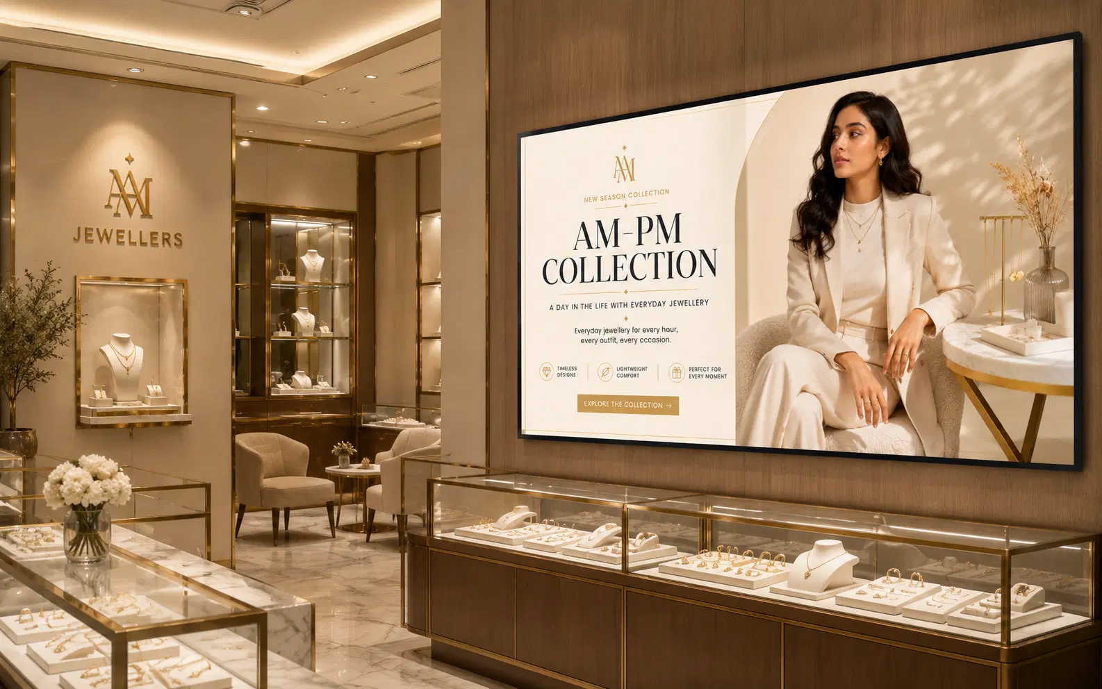 Jewellery store digital signage Digital signage screen in luxury jewellery store displaying high-resolution product showcase