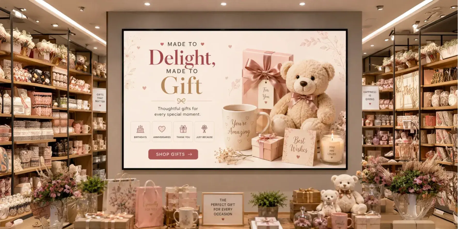 Gift store digital signage with seasonal promotions Gift store digital signage with seasonal promotions