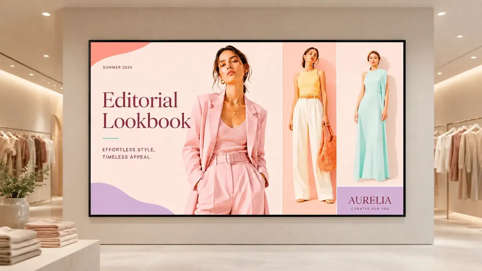 Visual merchandising team scheduling lookbook content across fashion store screens Visual merchandising team scheduling lookbook content across fashion store screens