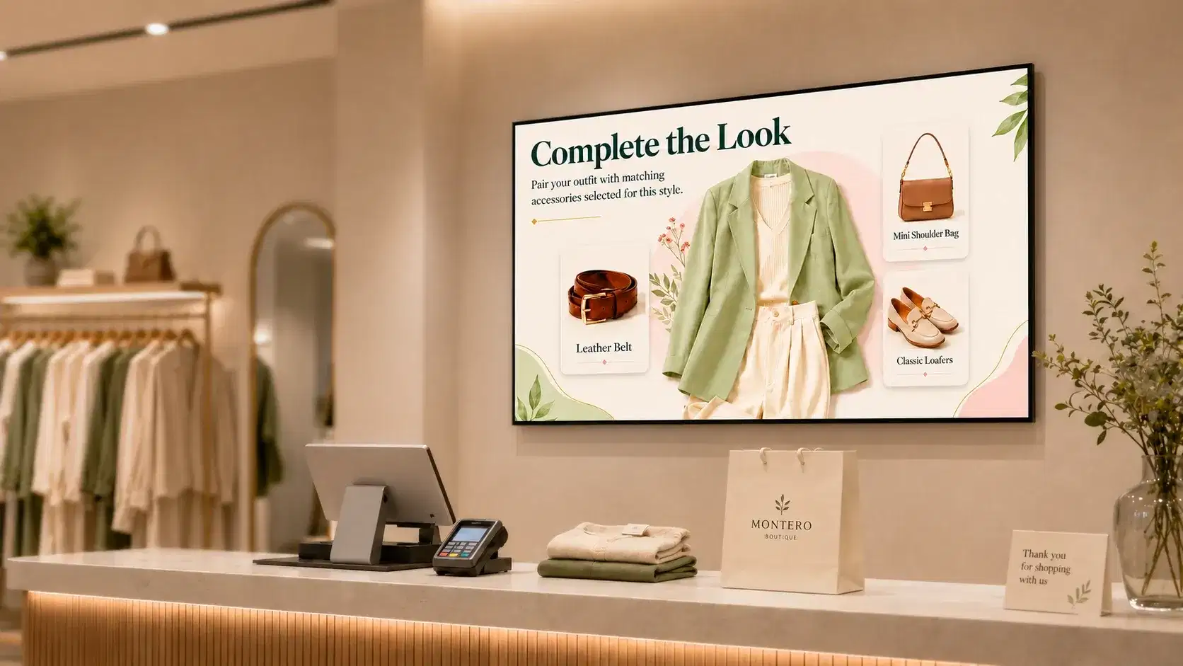 Fitting room digital screen showing outfit pairing suggestions in a fashion apparel store Fitting room digital screen showing outfit pairing suggestions in a fashion apparel store