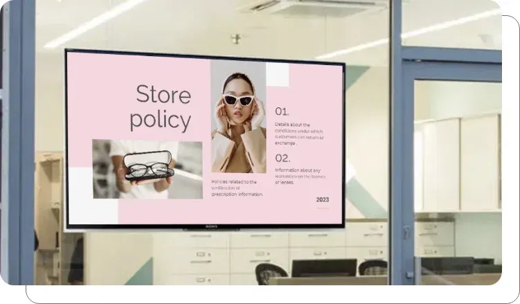 A digital signage screen showing client reviews in an office A digital signage screen showing client reviews in an office