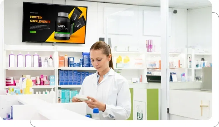Digital signage displaying customer reviews for credibility in pharmacy stores Digital signage displaying customer reviews for credibility in pharmacy stores