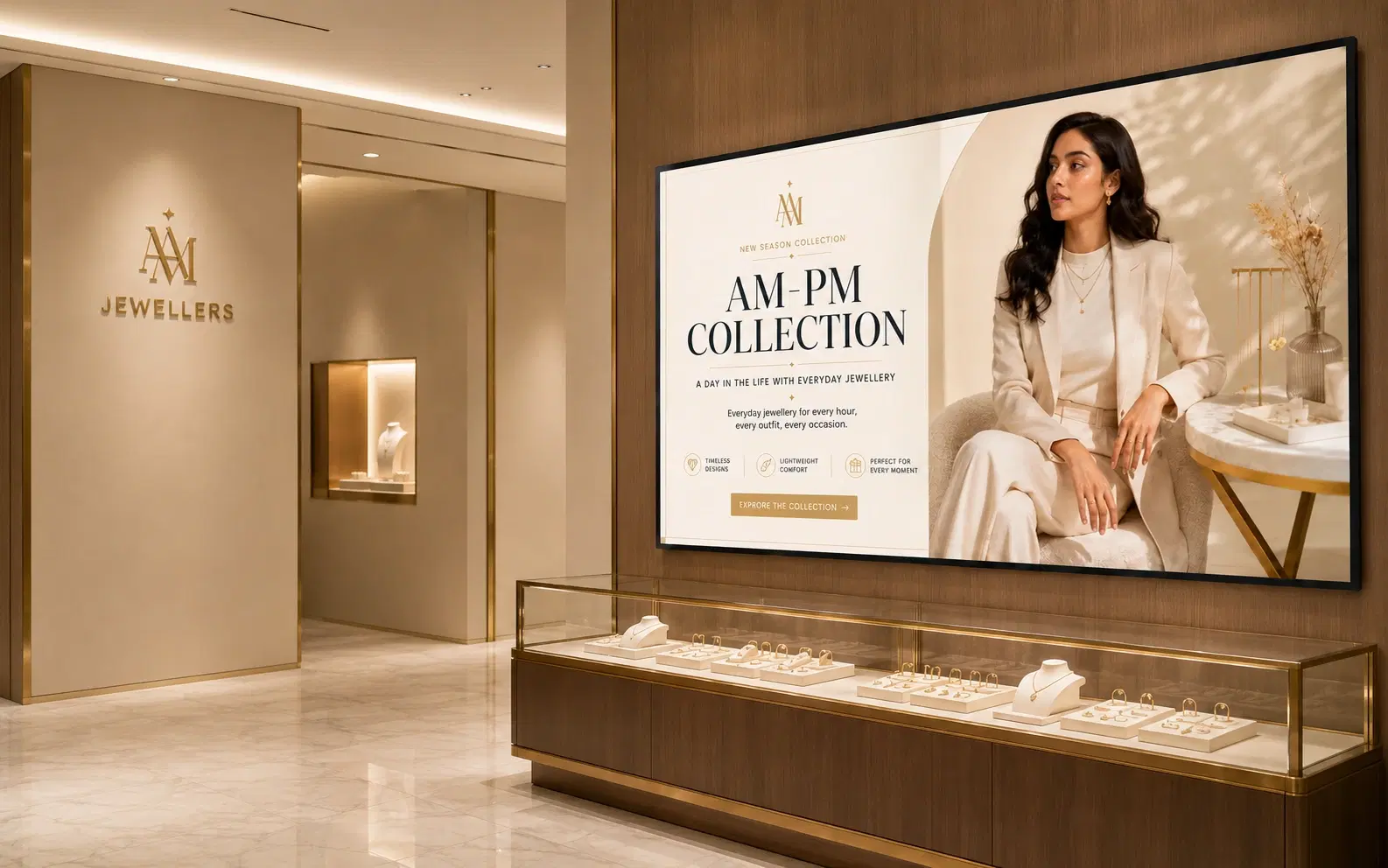 Jewellery store digital signage Digital signage screen in luxury jewellery store displaying high-resolution product showcase