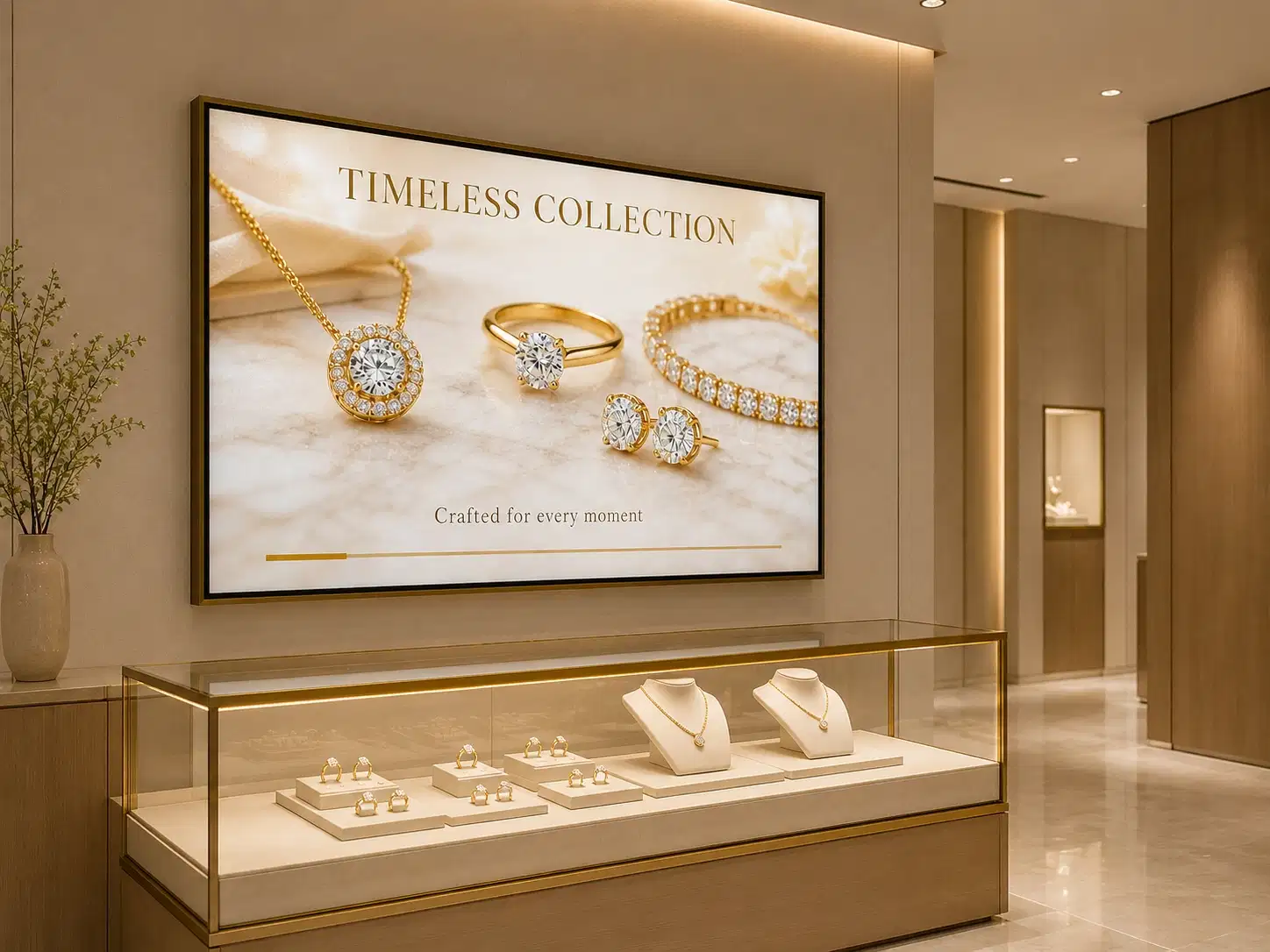 Jewellery store digital screen displaying high-resolution product showcase content managed by Pickcel Jewellery store digital screen displaying high-resolution product showcase content managed by Pickcel