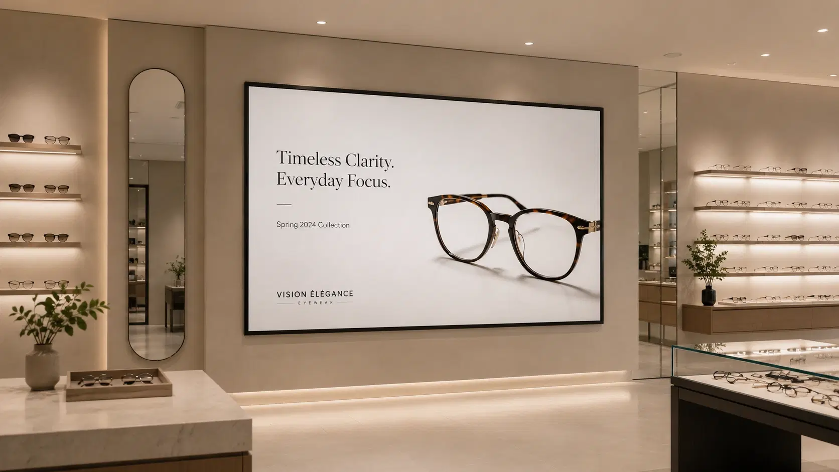Optical store digital signage showing product information on in-store screens Optical store digital signage showing product information on in-store screens