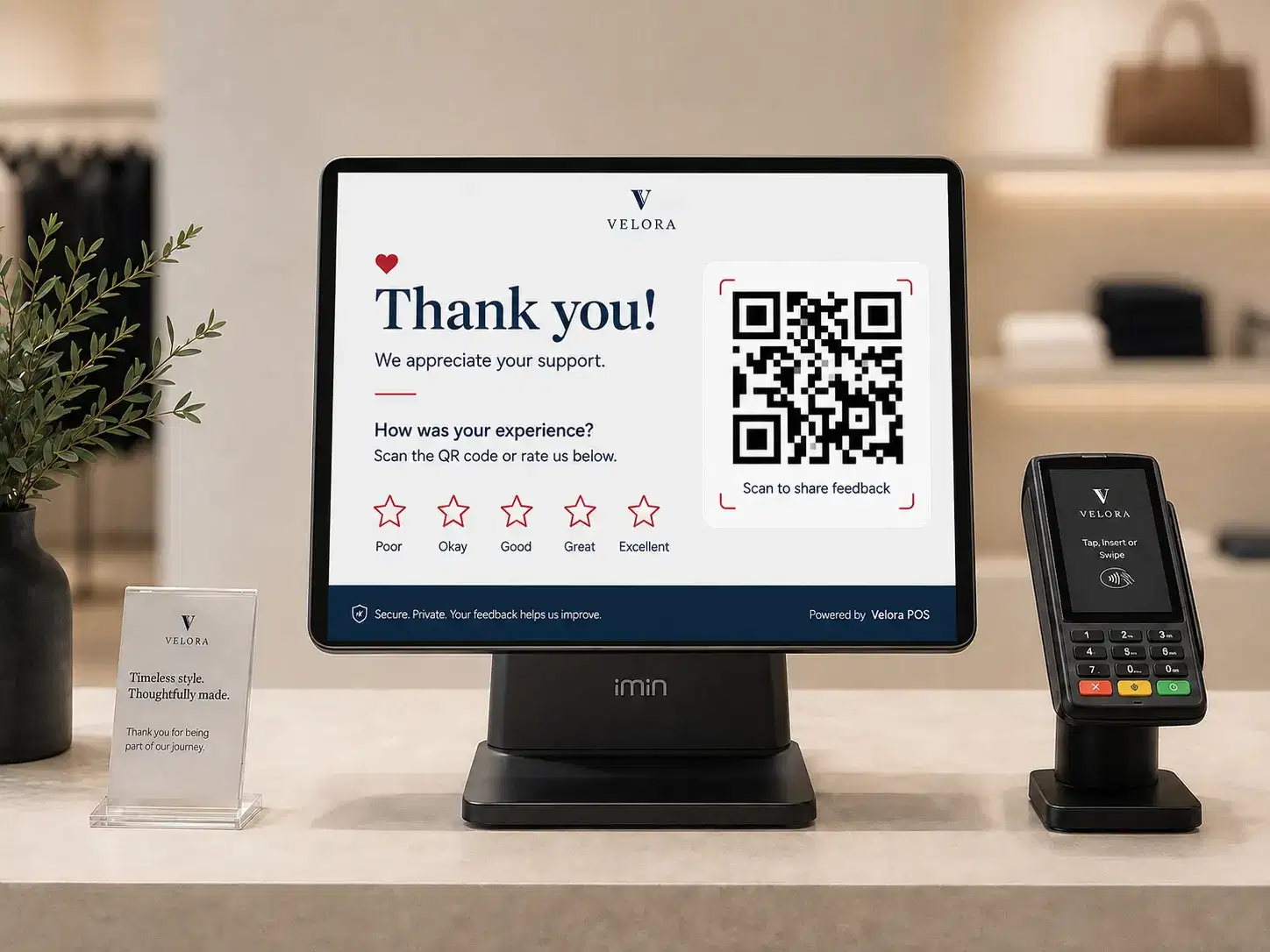 POS-linked retail screen prompting post-purchase customer feedback POS-linked retail screen prompting post-purchase customer feedback