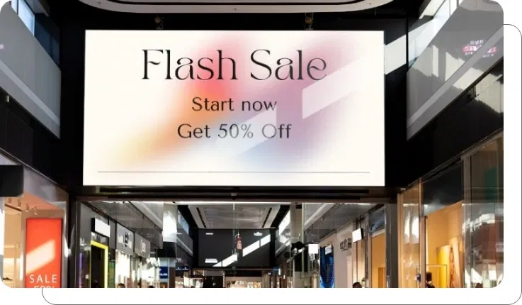 Shopping mall digital signage displaying real-time promotions and flash sales Shopping mall digital signage displaying real-time promotions and flash sales