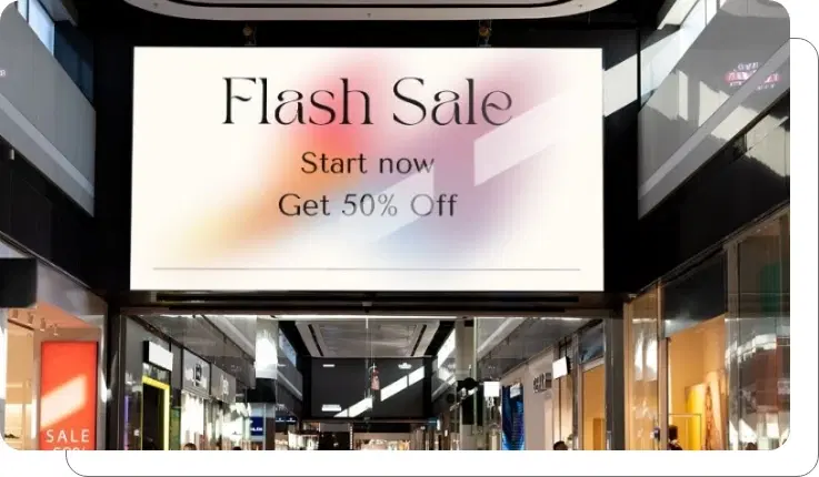 Shopping mall digital signage displaying promotions and flash sales Shopping mall digital signage displaying promotions and flash sales