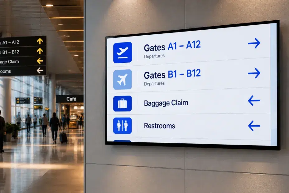 Wayfinding Signage Transit hub wayfinding digital signage with directional navigation for passengers