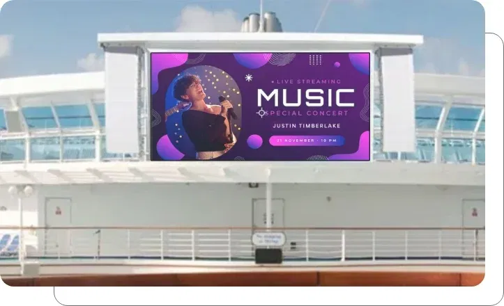 Digital signage screen showing cruise ship entertainment and activity schedules Digital signage screen showing cruise ship entertainment and activity schedules