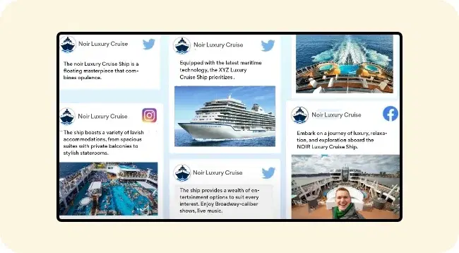 Digital signage screen showing social media feeds on cruise ship Digital signage screen showing social media feeds on cruise ship