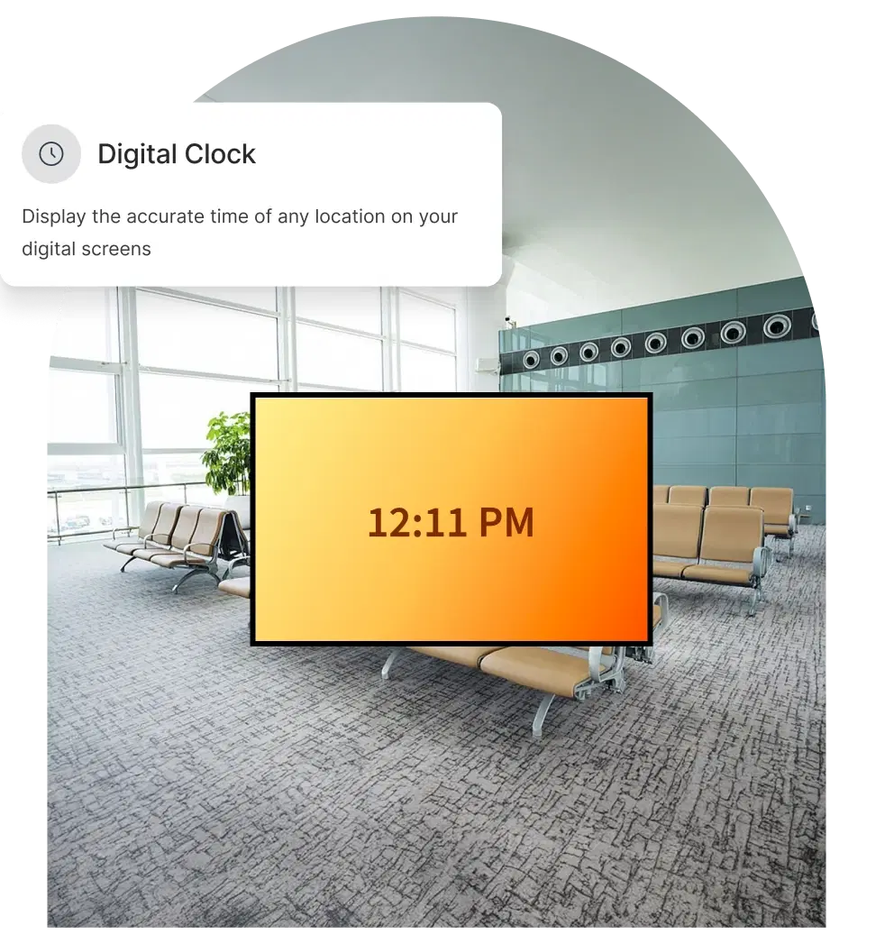 Transportation digital signage showing synchronized clock displays Transportation digital signage showing synchronized clock displays