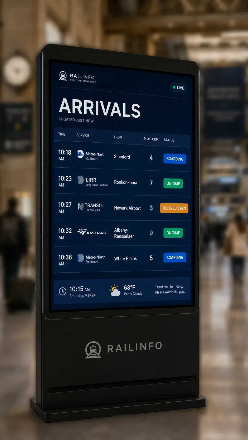 Rail PIDS digital signage Train station digital signage displaying real-time rail schedule data powered by Pickcel PIDS