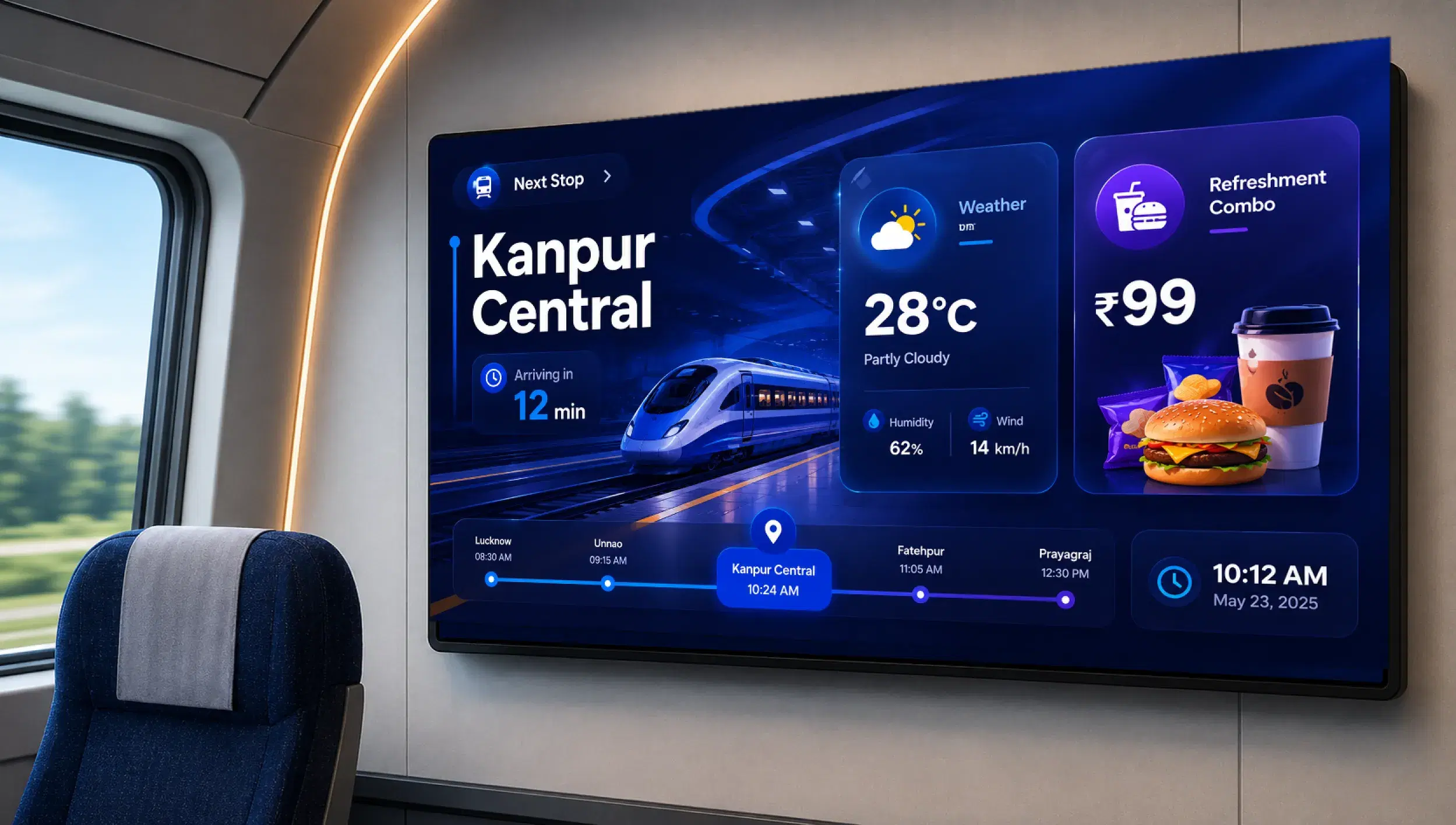 Train Advertising Case Study UBN Enterprise intercity train interior with on-board digital advertising screens powered by Pickcel