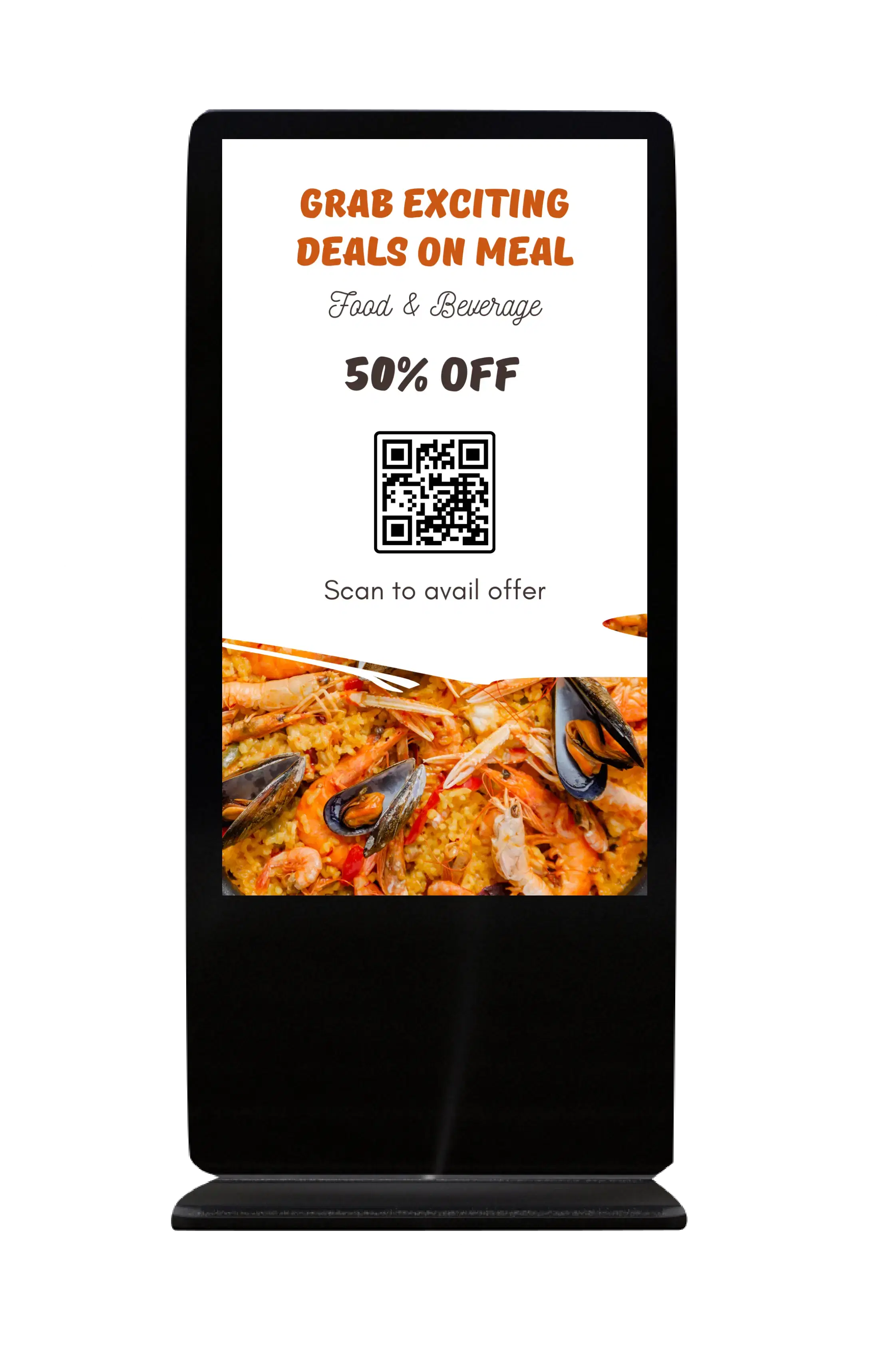 A Interactive digital standee powered by Pickcel Digital Signage software displaying meal offer content A Interactive digital standee powered by Pickcel Digital Signage software displaying meal offer content