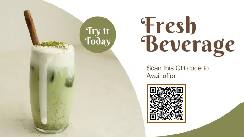 Kiosk Digital signage content preview with a beverage promotional message and a QR code. Kiosk Digital signage content preview with a beverage promotional message and a QR code.
