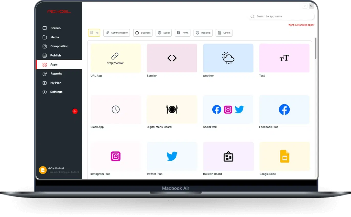 Laptop showing Pickcel digital signage software Apps window to select and display content on kiosk Laptop showing Pickcel digital signage software Apps window to select and display content on kiosk