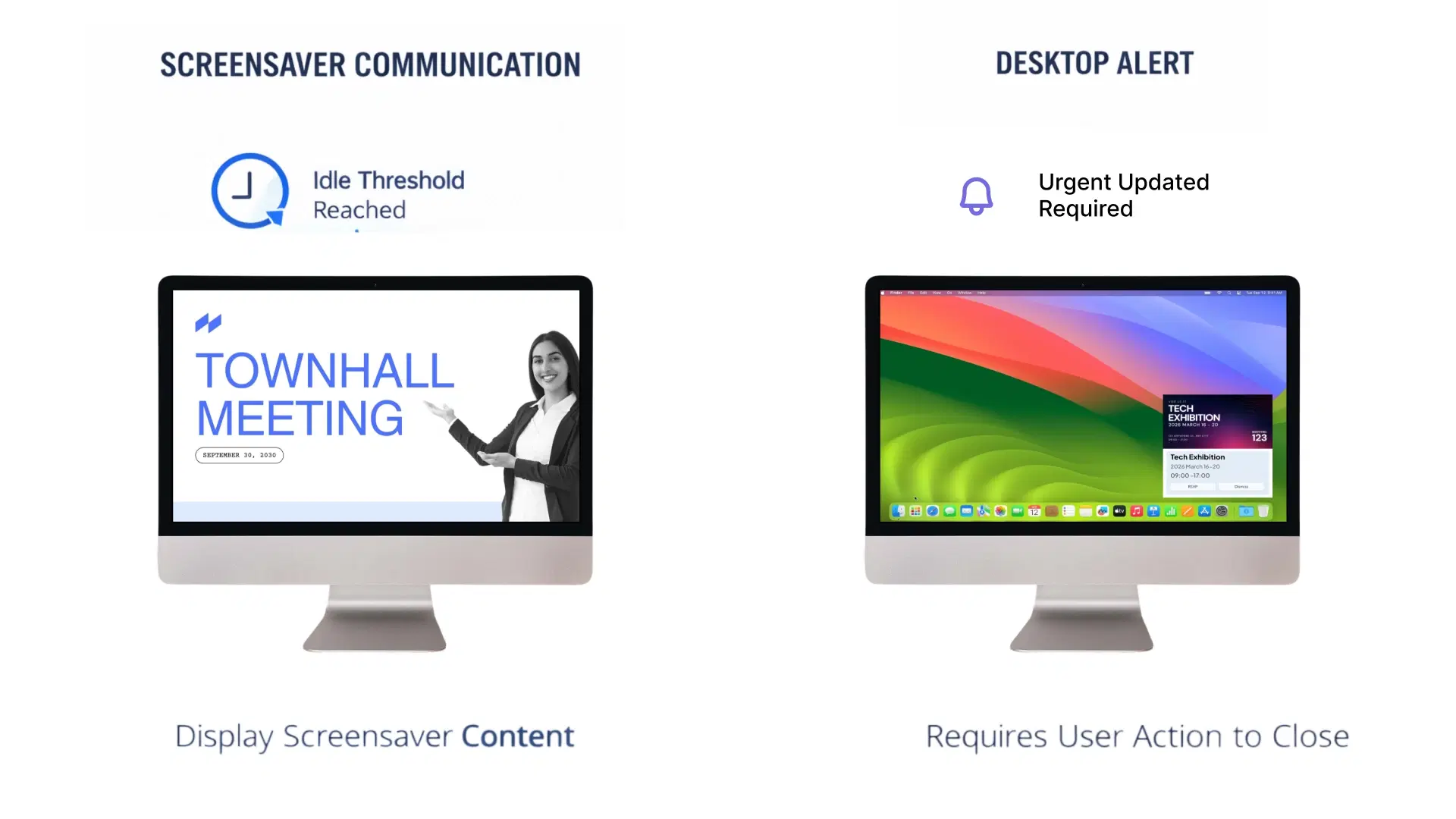 Screensaver desktop view for internal communication Screensaver communication layout on an employee desktop