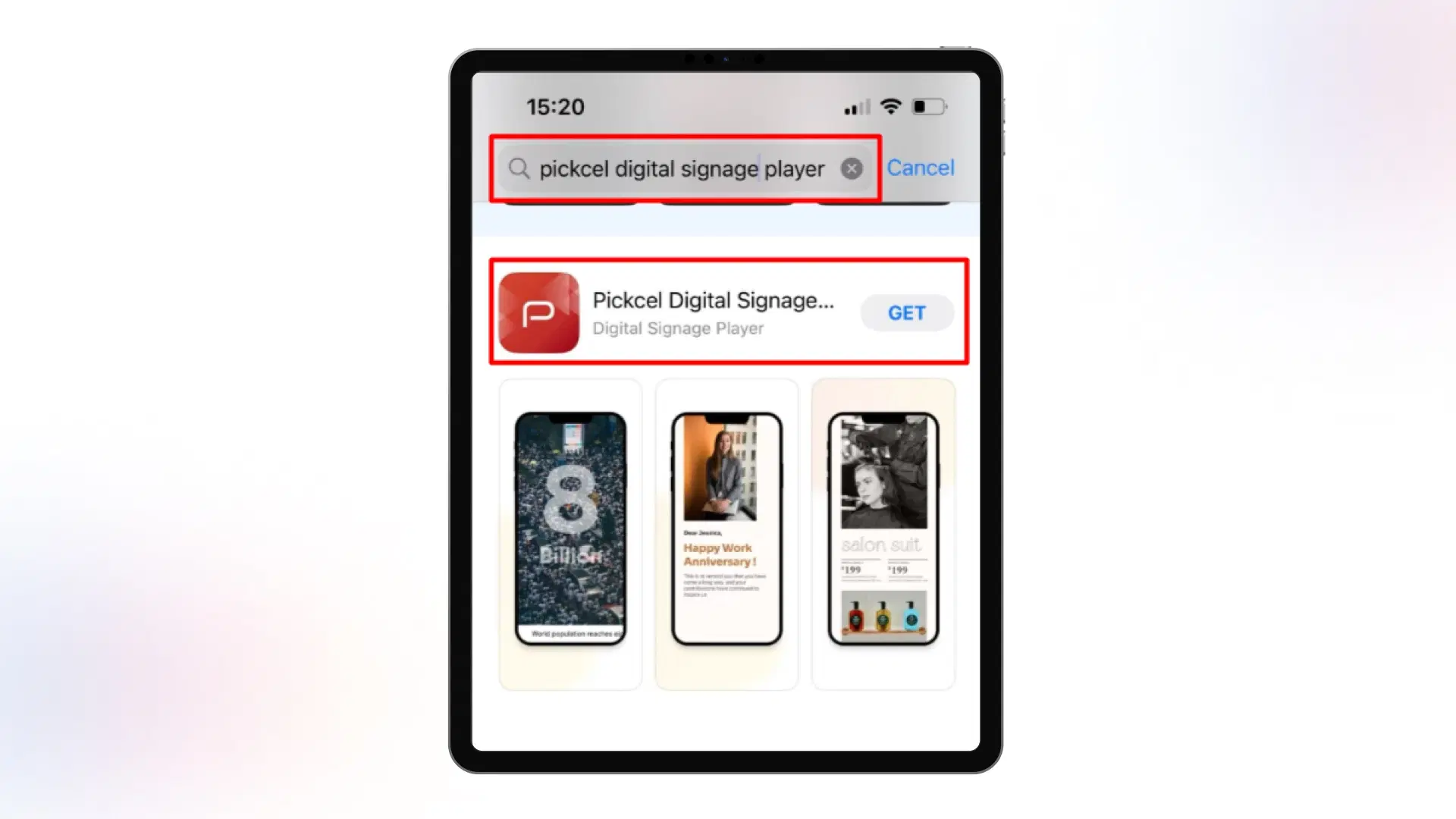 App store search interface showing Pickcel's app App store search interface showing Pickcel's app