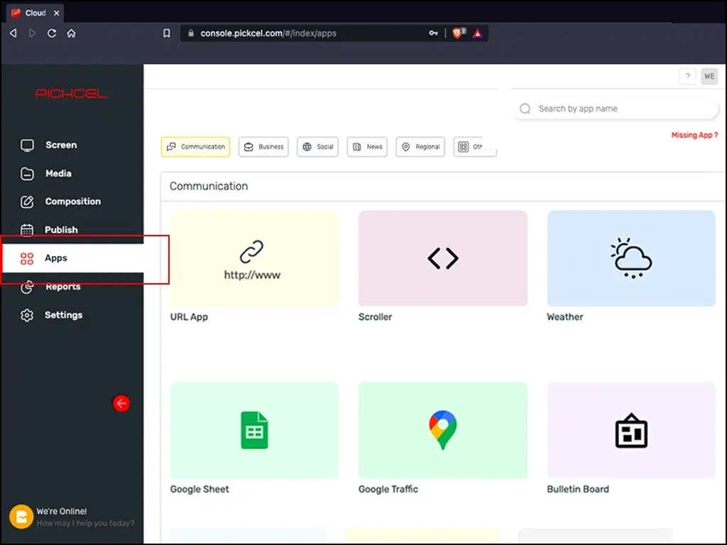 Step 2: go to the app module in the Pickcel dashboard to access the digital menu board app Step 2: go to the app module in the Pickcel dashboard to access the digital menu board app