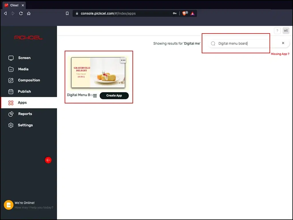 Pickcel software apps tab with the option to search an app digital menu board and create the app Pickcel software apps tab with the option to search an app digital menu board and create the app