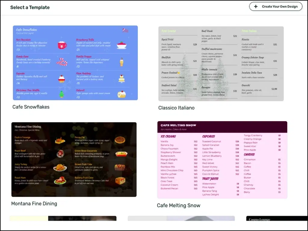 Pickcel software digital menu board app creation window with the option to choose a menu design template or create own design Pickcel software digital menu board app creation window with the option to choose a menu design template or create own design