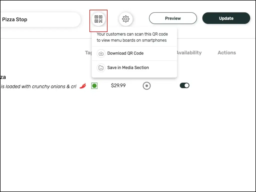 Pickcel software digital menu board app creation window with the option to add a QR code to the menu template Pickcel software digital menu board app creation window with the option to add a QR code to the menu template
