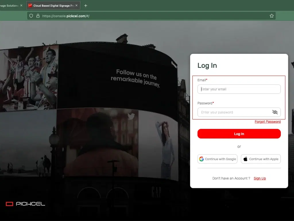Pickcel log in page where user id and password need to be entered Pickcel log in page where user id and password need to be entered
