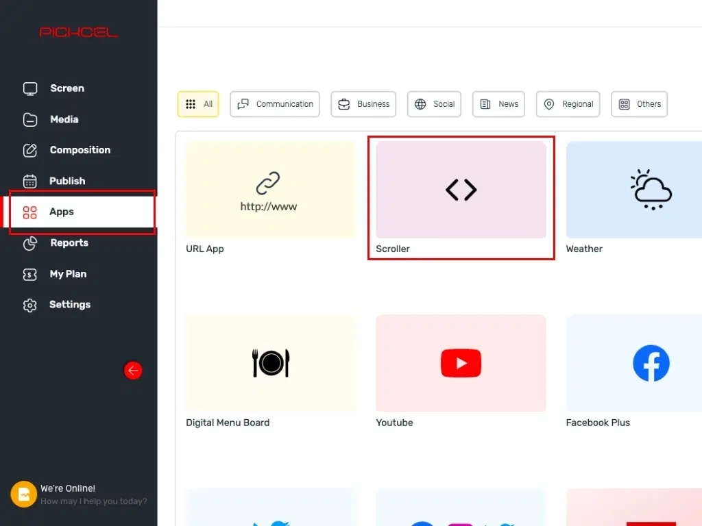 Pickcel dashboard with all the modules listed on the left side of the screen and apps cover the rest of it; Scroller app highlighted in the middle Pickcel dashboard with all the modules listed on the left side of the screen and apps cover the rest of it; Scroller app highlighted in the middle