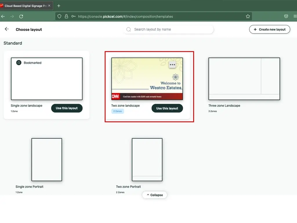 Screen layout templates of Pickcel software with single zone to multi-zone options Screen layout templates of Pickcel software with single zone to multi-zone options