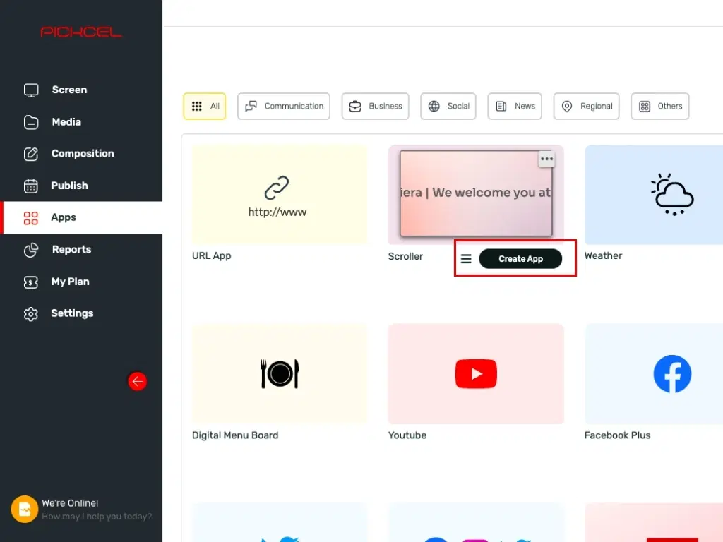 Pickcel dashboard showing create app option for the text scroller application Pickcel dashboard showing create app option for the text scroller application