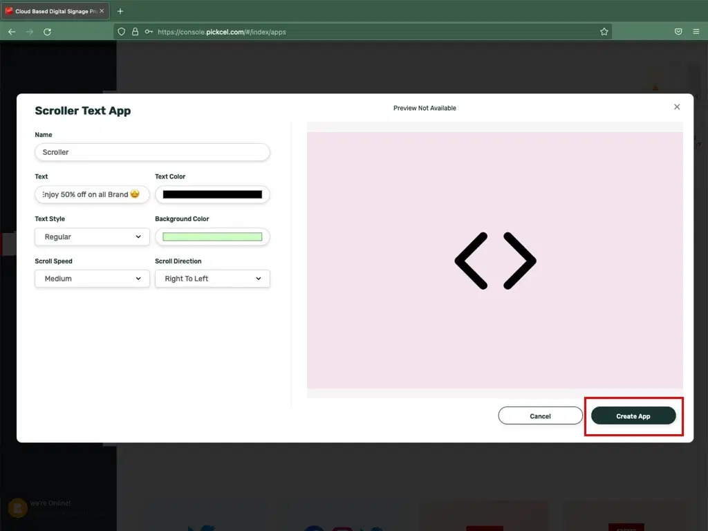 Scroller app final configuration by clicking the create app button after filling in all the fields Scroller app final configuration by clicking the create app button after filling in all the fields
