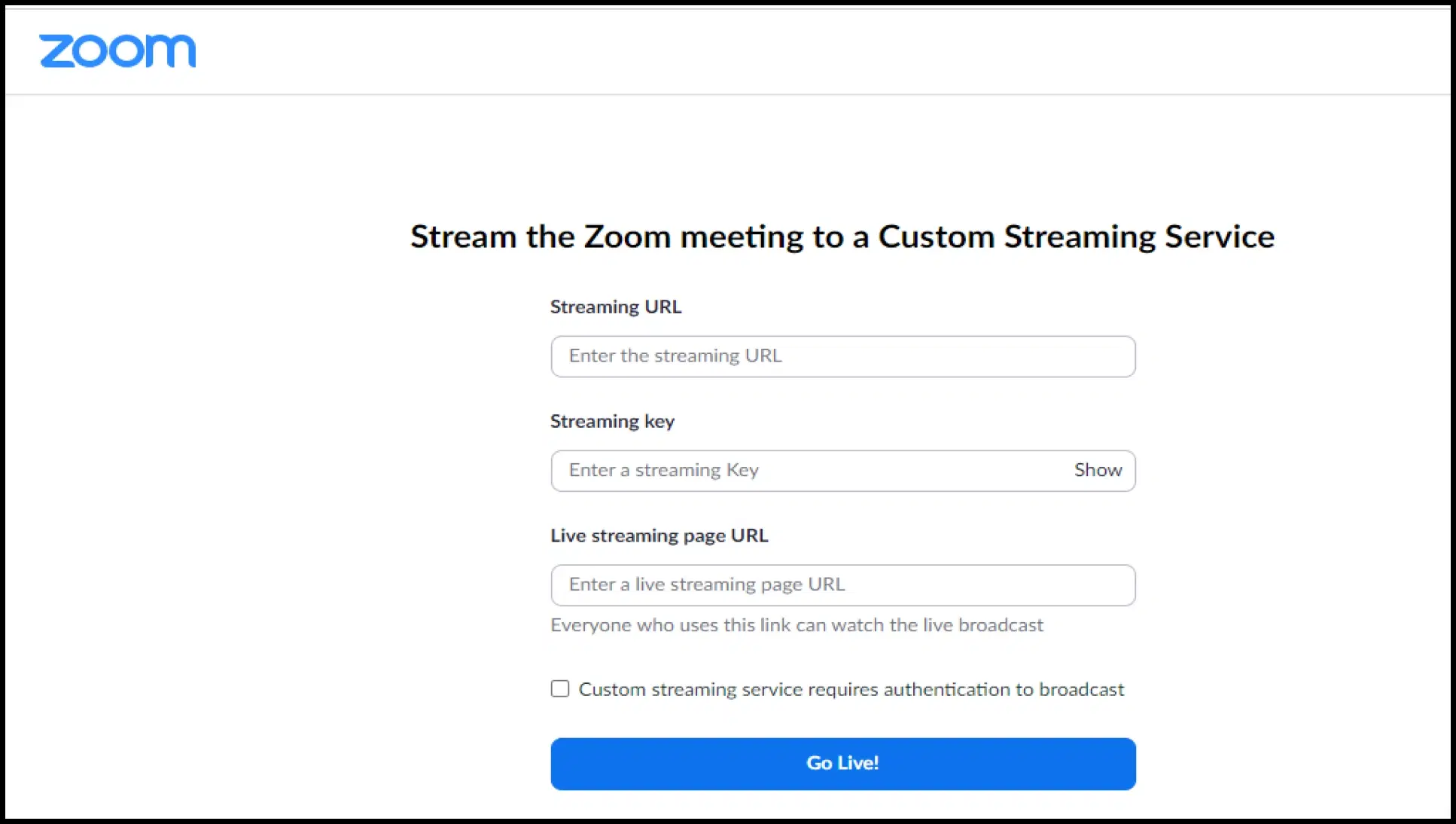 Enter streaming credentials in Zoom Enter streaming credentials in Zoom