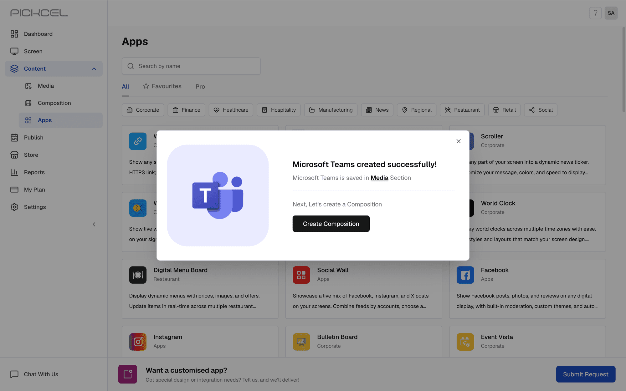 Microsoft Teams app created successfully Microsoft Teams app created successfully, with option to create a composition