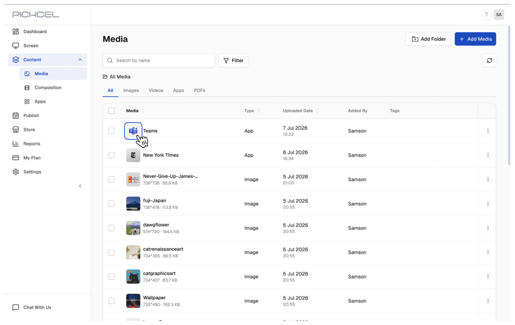 Microsoft Teams app in the Media list Microsoft Teams app in the Media list, ready to preview