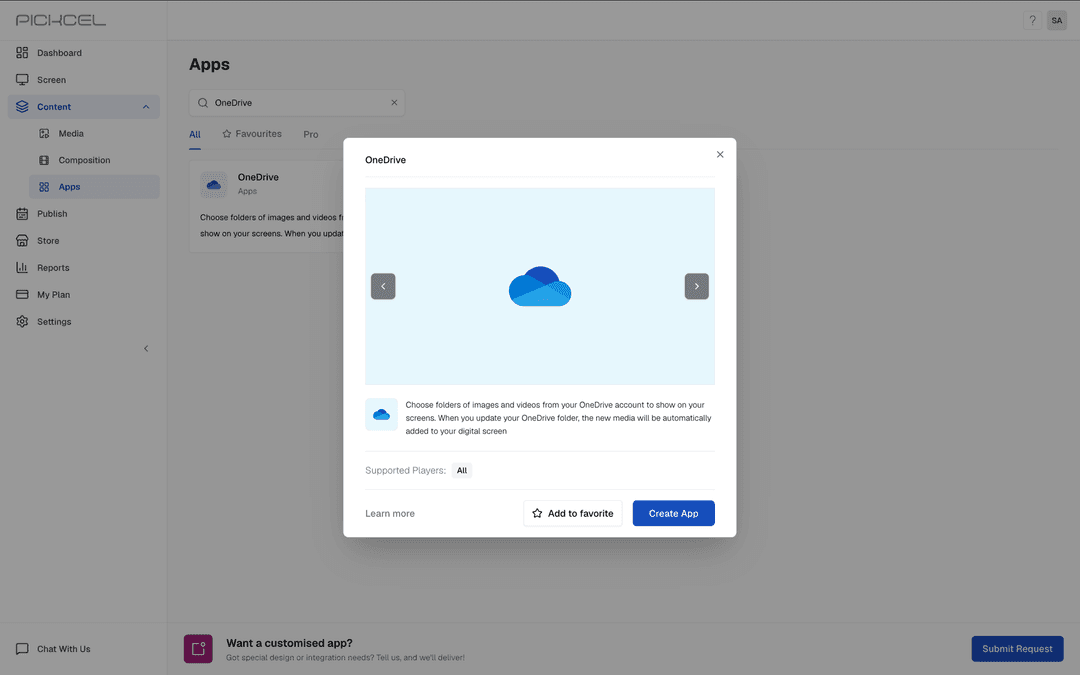 OneDrive app detail page in the Pickcel app store OneDrive app detail page in the Pickcel app store