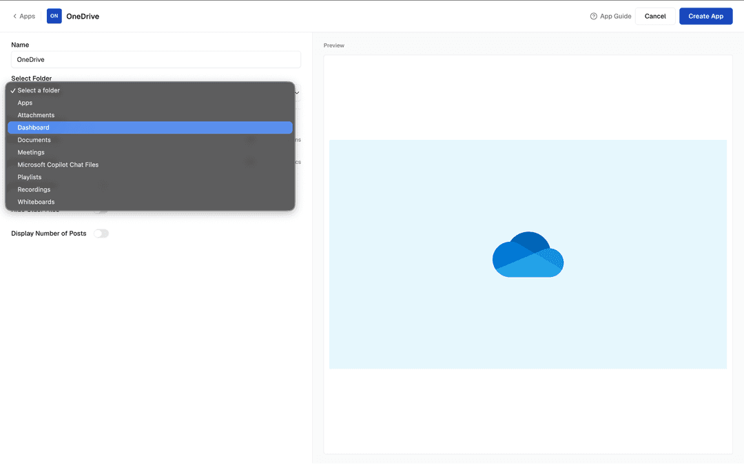 Step 1: Digital signage software interface showing OneDrive App configuration window with folder selection Step 1: Digital signage software interface showing OneDrive App configuration window with folder selection