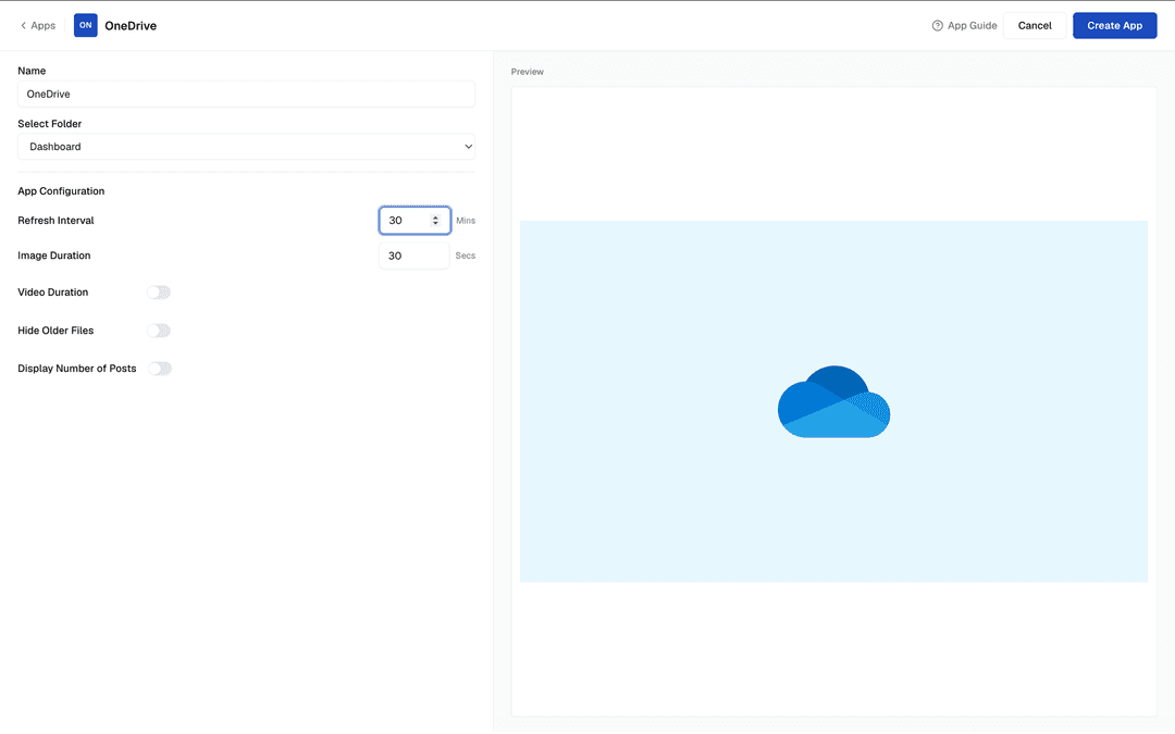 OneDrive app configuration panel with playback settings OneDrive app configuration panel with playback settings