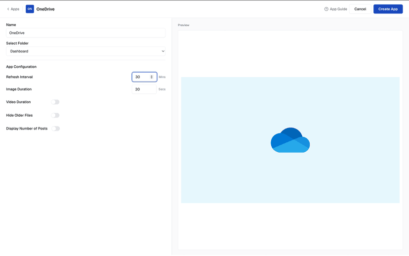 OneDrive app configuration panel with refresh interval, image duration and video duration settings OneDrive app configuration panel with refresh interval, image duration and video duration settings