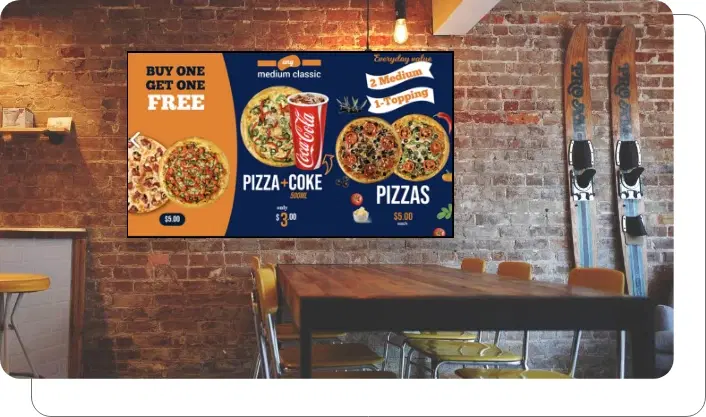 The perfect cross-seller Digital menu board displaying pizza menu alongside cross-sell items