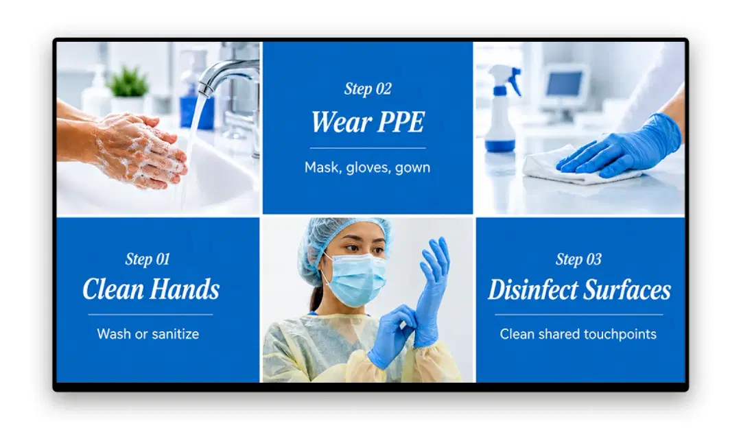 Hospital corridor screen displaying infection control protocol update via Pickcel digital signage