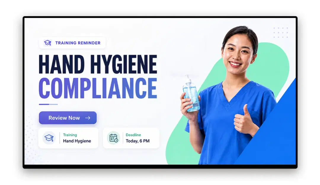 Hospital break room screen showing mandatory training compliance reminder