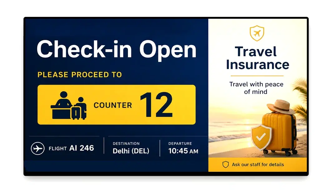 Airport check-in area status screens managed by Pickcel showing open desks and flight status