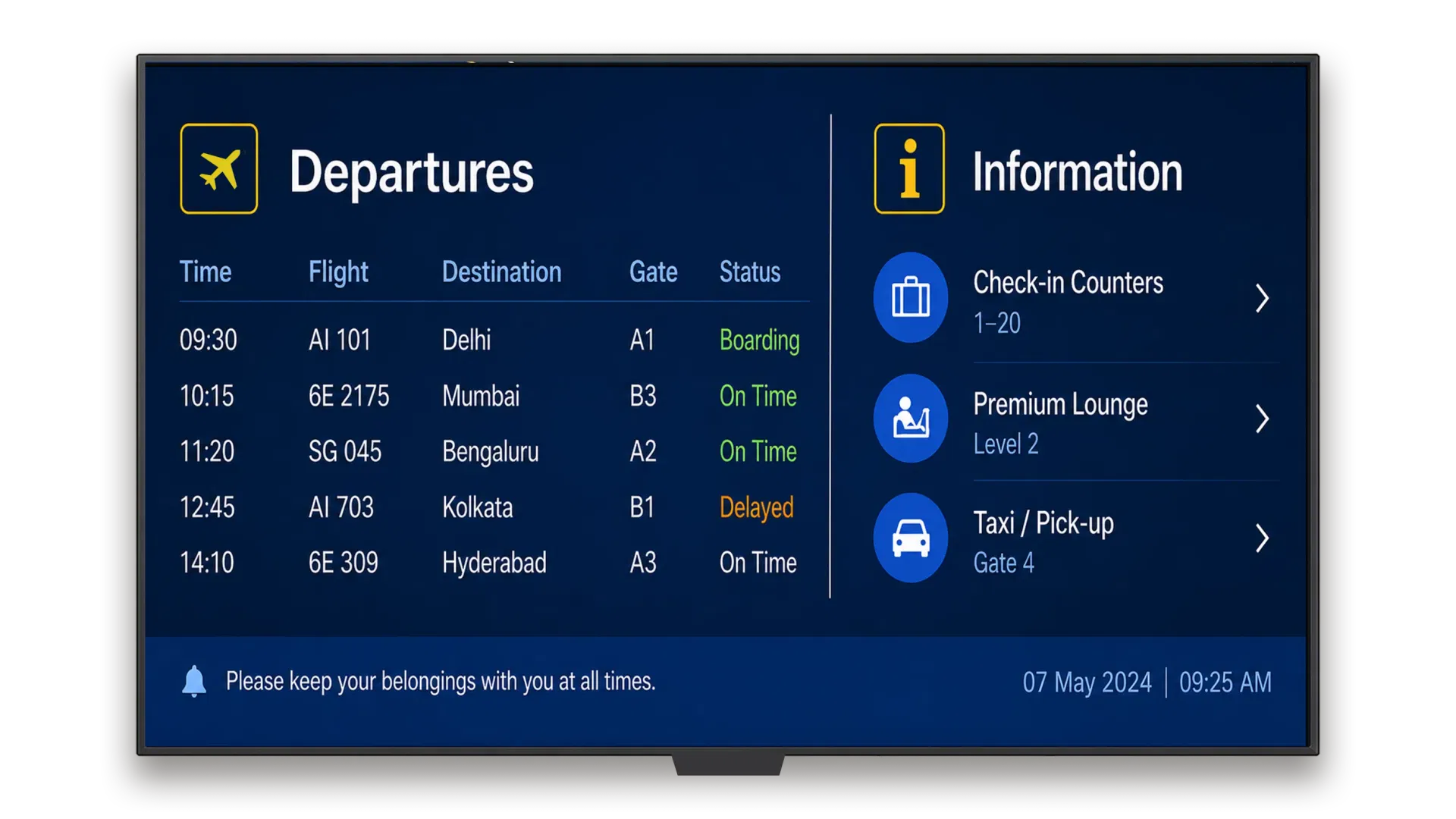 Pickcel FIDS software showing real-time departure and arrival data on airport screens Pickcel FIDS software showing real-time departure and arrival data on airport screens