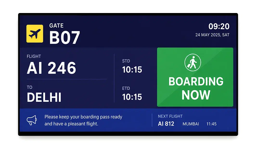 Airport gate information display managed by Pickcel showing boarding times and airline branding