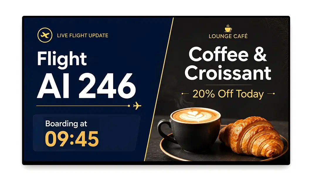 Airport lounge multi-zone display managed by Pickcel combining live flight tracking and promotional content