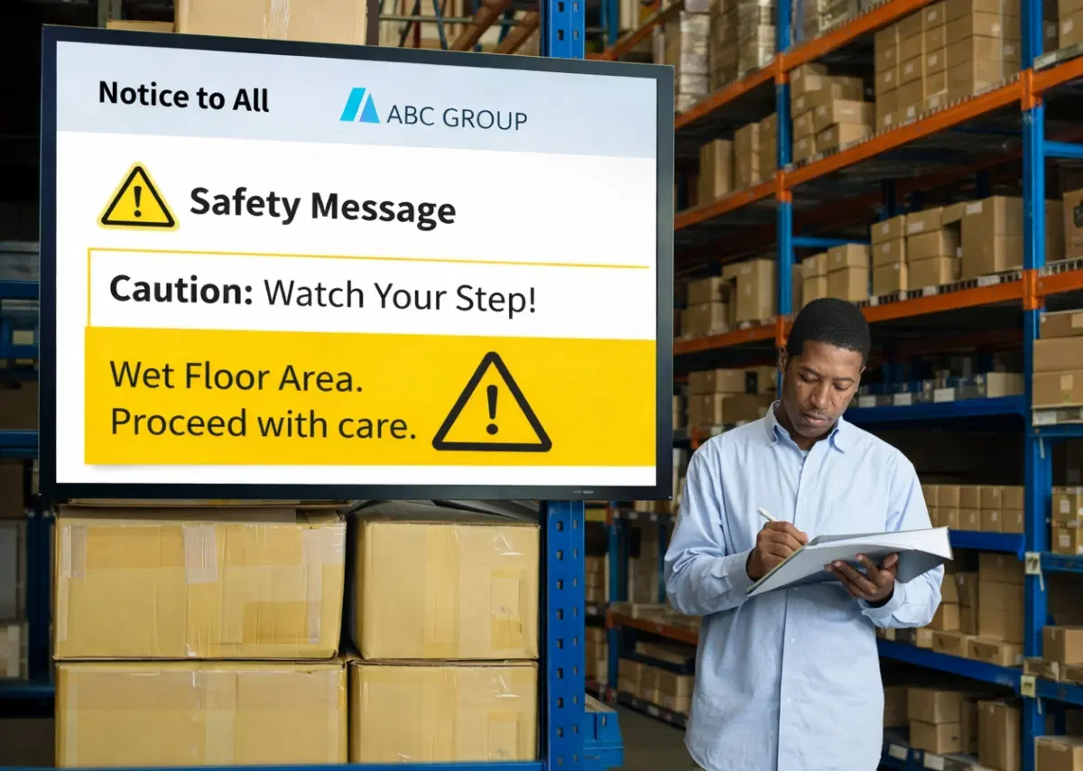 Safety communication system on warehouse floor display