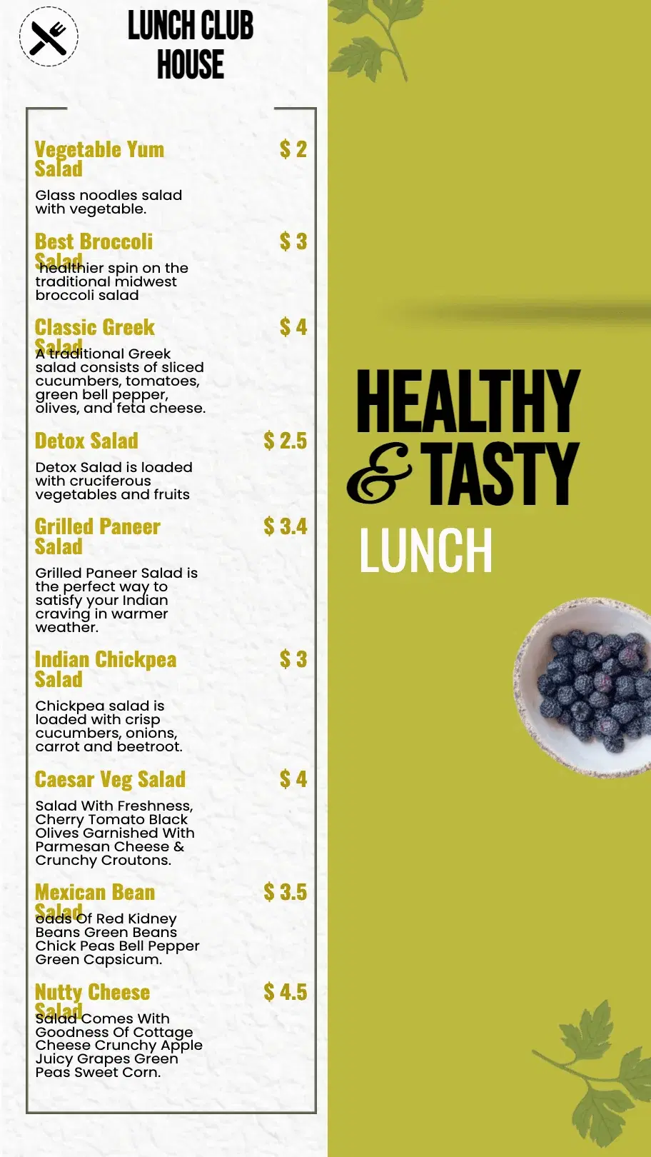 Salad Restaurant Menu Salad Restaurant Menu